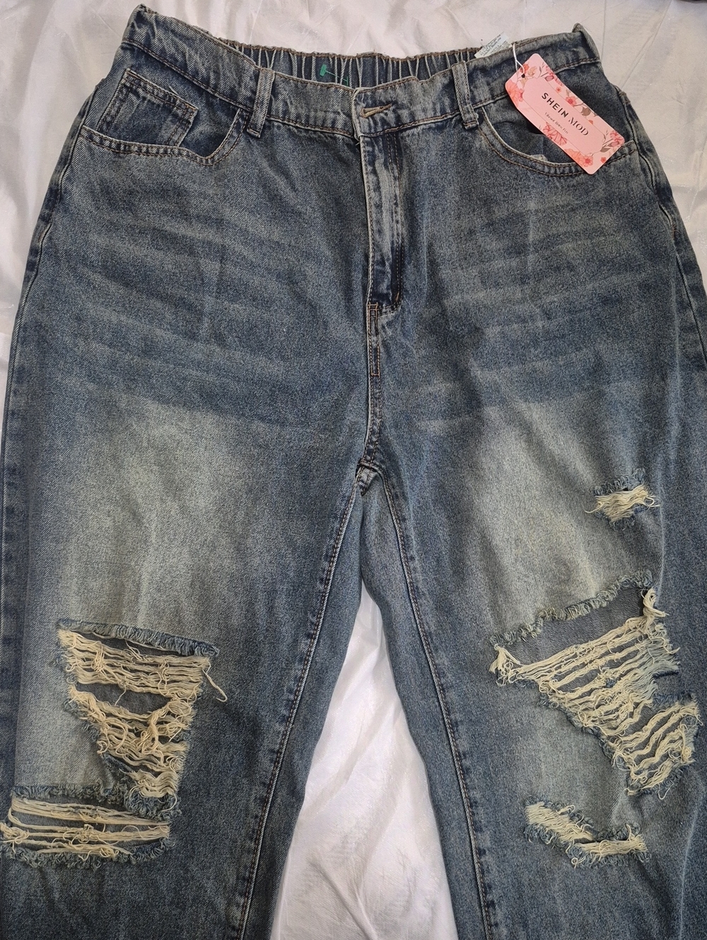 SHEIN Distressed Medium Blue Ripped Mom Jeans 1X